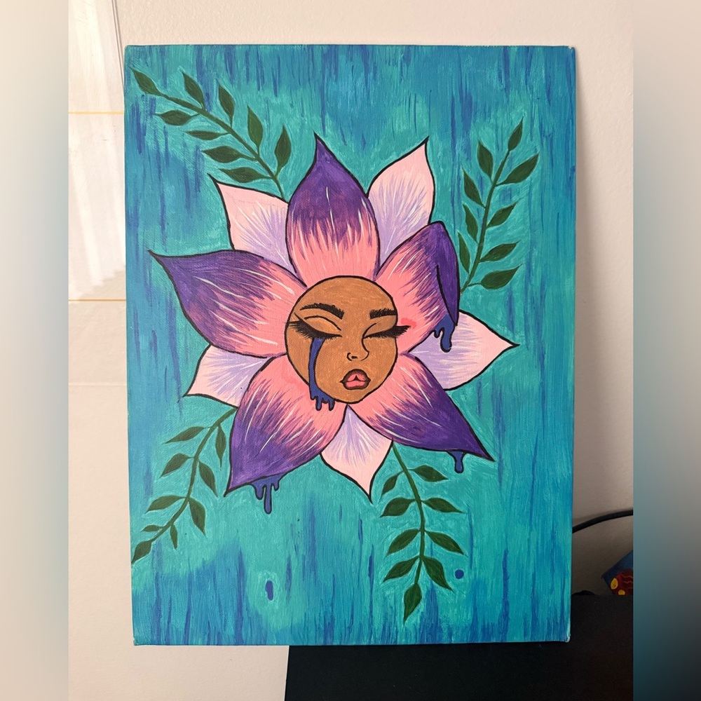 Original Floral Portrait Canvas Wall Art - Teal, Purple & Pink